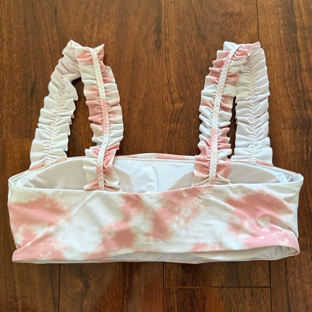 Aerie Women’s Ruffle Strap Tie-Dye Bandeau Bikini Top Pink White Size M Swim - Picture 2 of 5